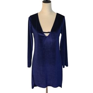 Gumuxi M Blue Velour Velvet Witchy Goth Long Sleeve V Neck Plunge Hi-Low Hem